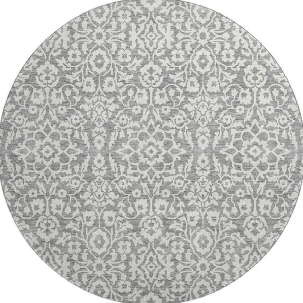 HomeRoots 8' Gray and Ivory Damask Round Rug – Washable, UV-Protected, Durable & Stylish for Any Space! 673124