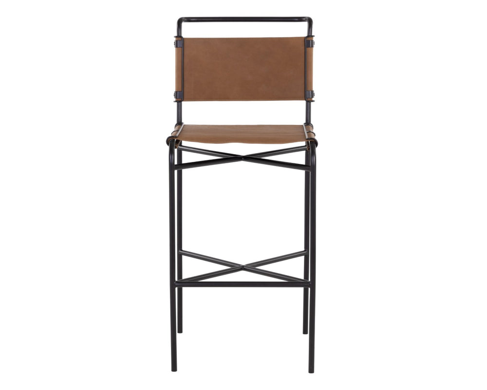 Sunpan CORRIGAN Barstool - Luxurious Cognac Leather with Matte Black Steel Base for Modern Elegance 109087