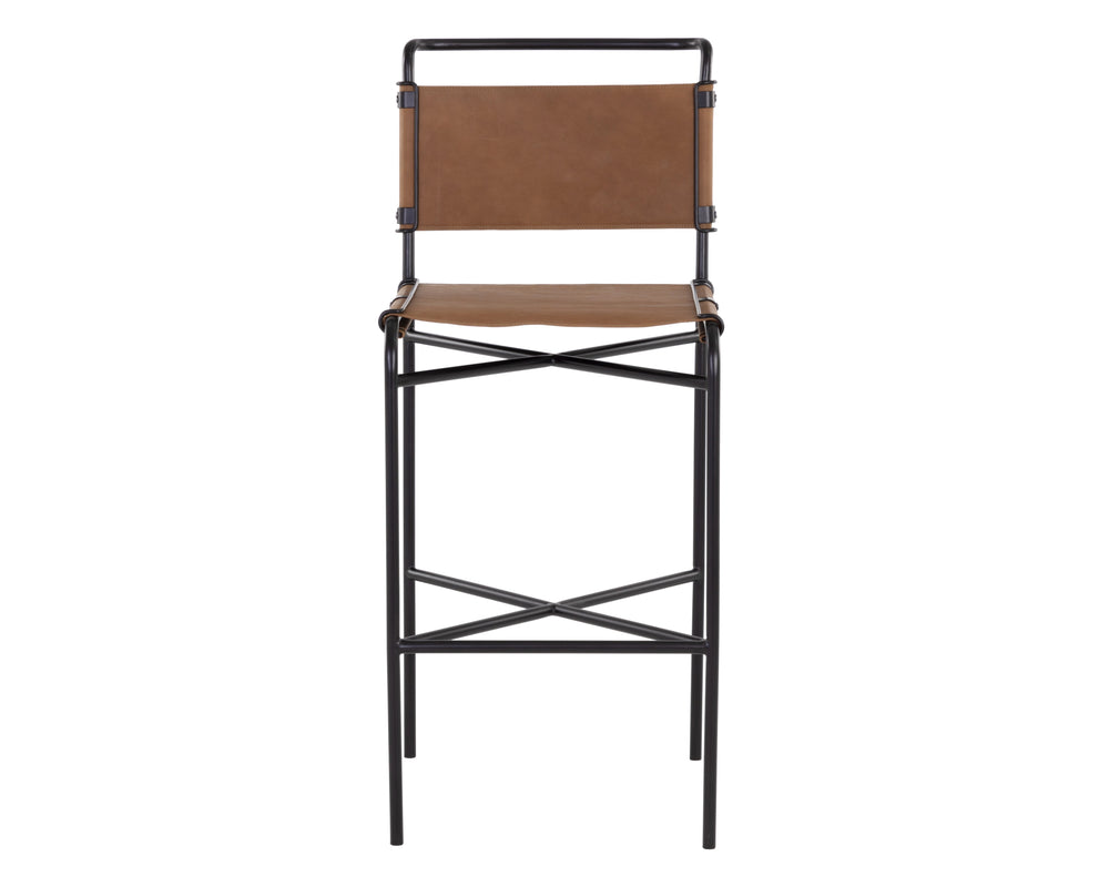 Sunpan Corrigan Mid-Century Modern Barstool in Cognac Leather with Matte Black Steel Base – Unique Design Bar Height