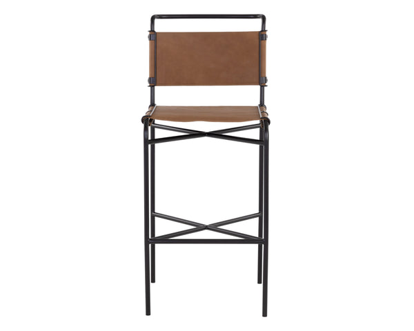 Sunpan Corrigan Mid-Century Modern Barstool in Cognac Leather with Matte Black Steel Base – Unique Design Bar Height