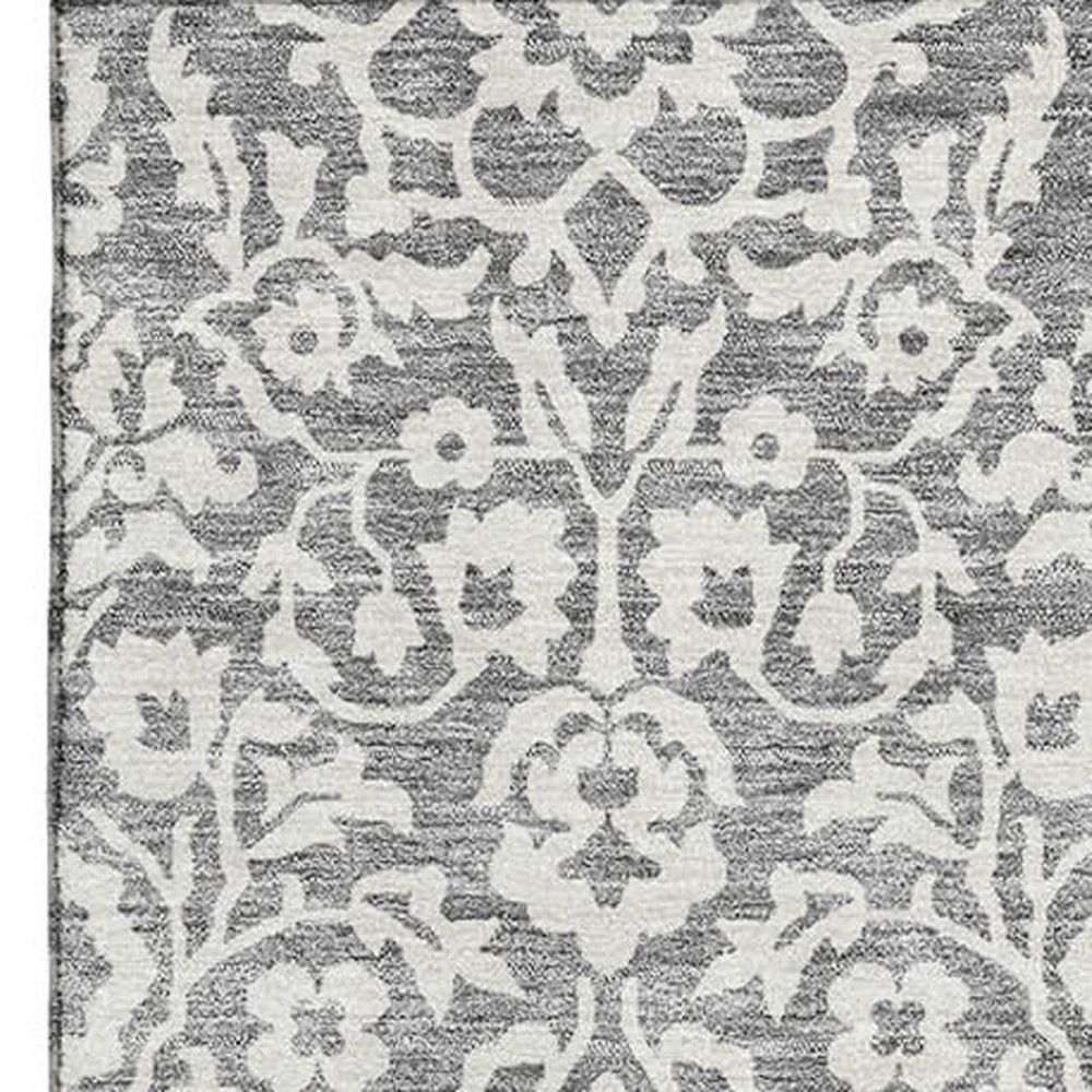 HomeRoots 10' X 14' Gray and Ivory Damask Area Rug - Washable, Stain Resistant, UV Protected for Family Living 673127