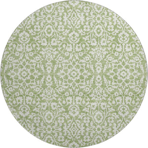 HomeRoots 8' Green And Ivory Damask Round Rug - Stain-Resistant, UV Protected, Elegant Design for Every Space 673130