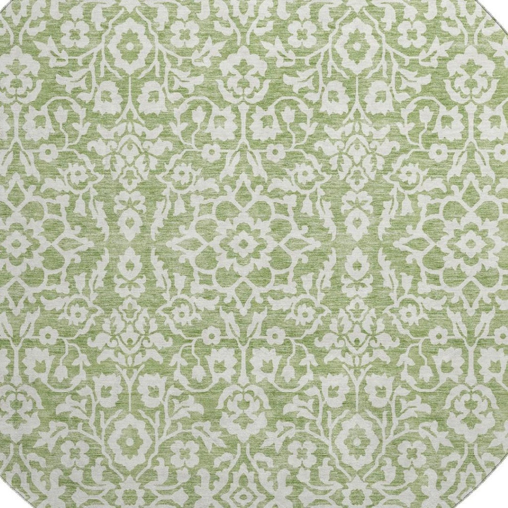 HomeRoots 8' Green And Ivory Damask Round Rug - Stain-Resistant, UV Protected, Elegant Design for Every Space 673130