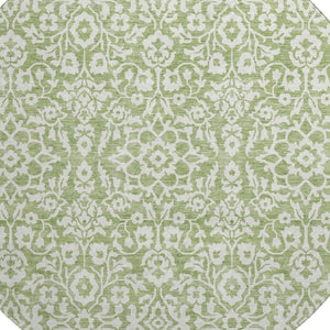 HomeRoots 8' Green And Ivory Damask Round Rug - Stain-Resistant, UV Protected, Elegant Design for Every Space 673130