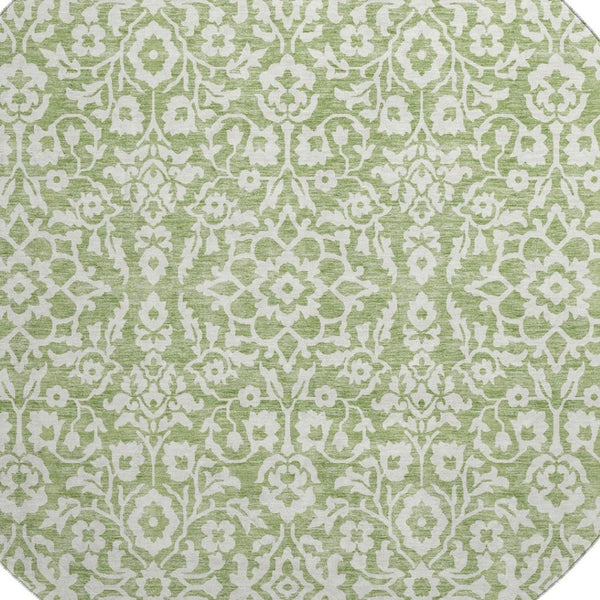 HomeRoots 8' Green And Ivory Damask Round Rug - Stain-Resistant, UV Protected, Elegant Design for Every Space 673130