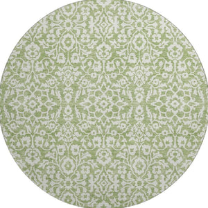 HomeRoots 8' Green And Ivory Damask Round Rug - Stain-Resistant, UV Protected, Elegant Design for Every Space 673130