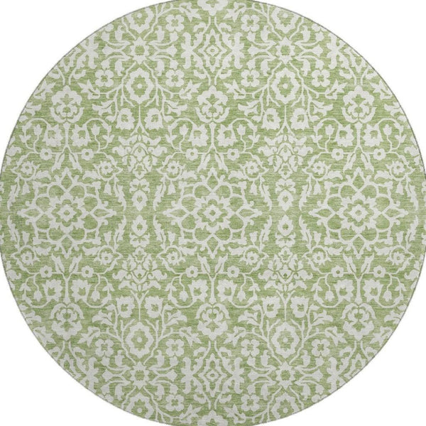 HomeRoots 8' Green And Ivory Damask Round Rug - Stain-Resistant, UV Protected, Elegant Design for Every Space 673130