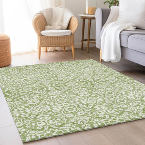 HomeRoots 9' X 12' Elegant Green and Ivory Damask Rug - Washable, UV Protected, Stain Resistant for Durability 673132