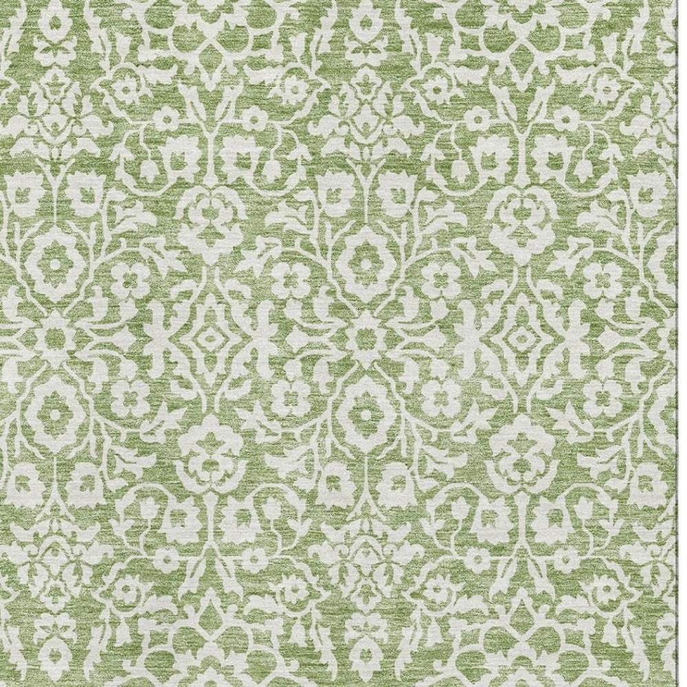 HomeRoots 10' Green and Ivory Damask Area Rug - Washable, UV-Protected, Durable Design for High-Traffic Spaces 673133