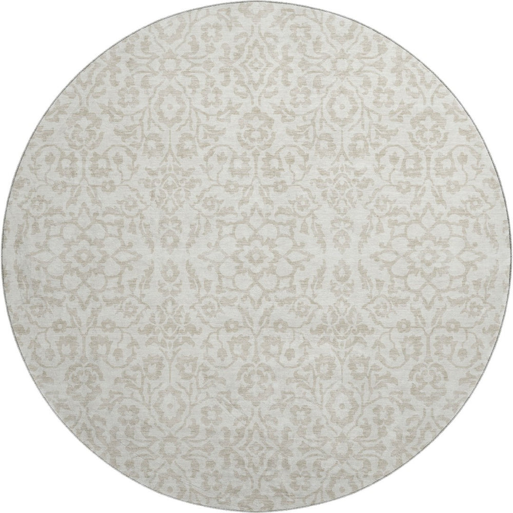HomeRoots 8' Ivory and Beige Damask Round Rug - Washable, UV Protected, Stain-Resistant for Busy Homes 673136