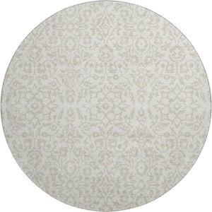 HomeRoots 8' Ivory and Beige Damask Round Rug - Washable, UV Protected, Stain-Resistant for Busy Homes 673136