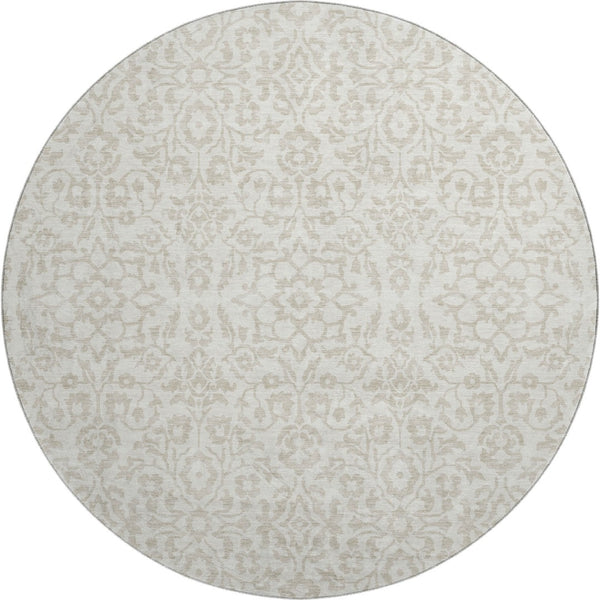 HomeRoots 8' Ivory and Beige Damask Round Rug - Washable, UV Protected, Stain-Resistant for Busy Homes 673136