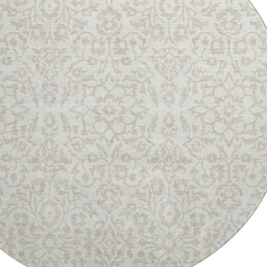 HomeRoots 8' Ivory and Beige Damask Round Rug - Washable, UV Protected, Stain-Resistant for Busy Homes 673136