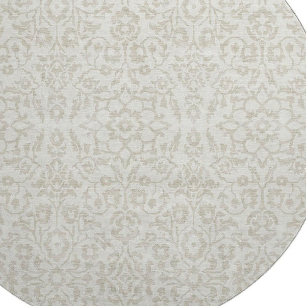 HomeRoots 8' Ivory and Beige Damask Round Rug - Washable, UV Protected, Stain-Resistant for Busy Homes 673136