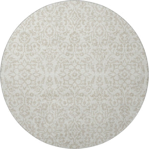 HomeRoots 8' Ivory and Beige Damask Round Rug - Washable, UV Protected, Stain-Resistant for Busy Homes 673136