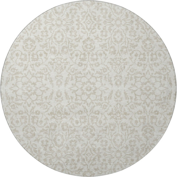 HomeRoots 8' Ivory and Beige Damask Round Rug - Washable, UV Protected, Stain-Resistant for Busy Homes 673136