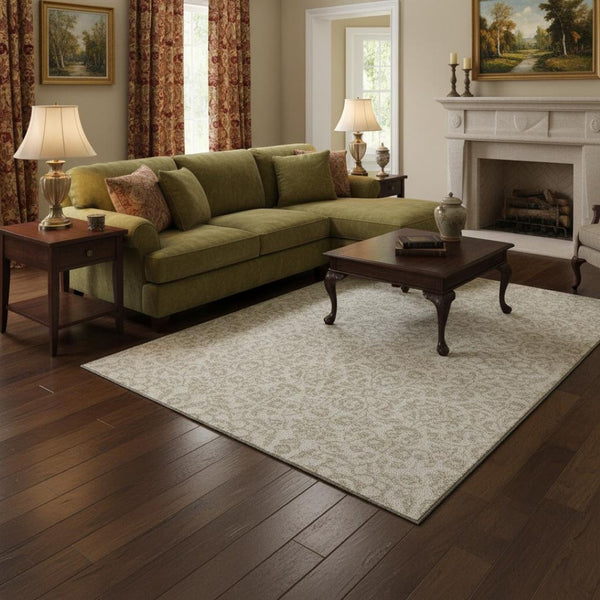 HomeRoots 8' X 10' Ivory And Beige Damask Area Rug - Washable, UV Protected, Perfect for High-Traffic Spaces! 673137