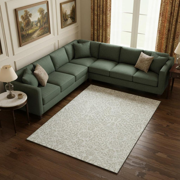 HomeRoots 9' X 12' Ivory and Beige Damask Area Rug - Washable, UV Protected, Stain Resistant, Elegant Design 673138