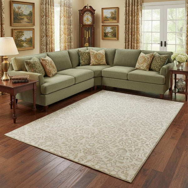 HomeRoots 10' X 14' Ivory and Beige Damask Area Rug - Washable, UV Protected, Perfect for Families & Pets! 673139