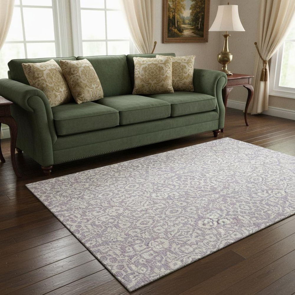 HomeRoots 5' X 8' Elegant Lavender and Ivory Damask Area Rug - UV Protected, Kid & Pet Friendly, Easy Care 673141