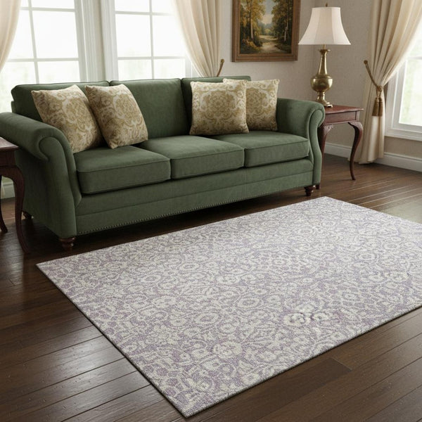 HomeRoots 5' X 8' Elegant Lavender and Ivory Damask Area Rug - UV Protected, Kid & Pet Friendly, Easy Care 673141