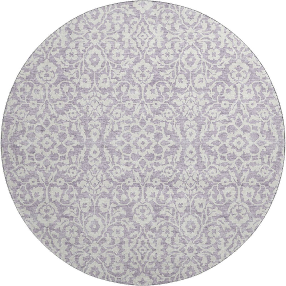 HomeRoots 8' Elegant Lavender & Ivory Damask Washable Round Rug with UV Protection for High-Traffic Areas 673142