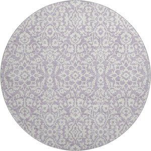 HomeRoots 8' Elegant Lavender & Ivory Damask Washable Round Rug with UV Protection for High-Traffic Areas 673142