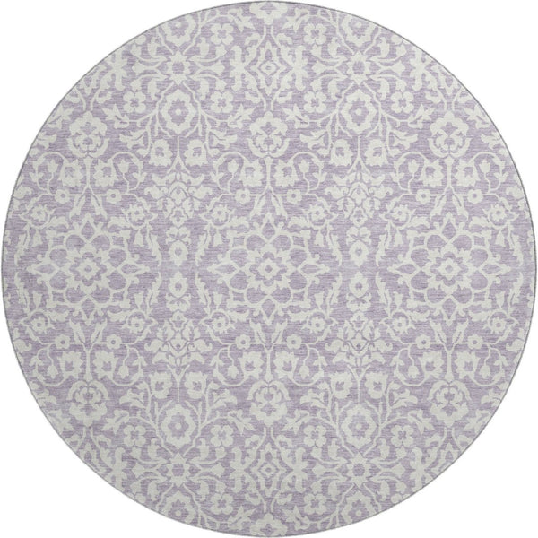 HomeRoots 8' Elegant Lavender & Ivory Damask Washable Round Rug with UV Protection for High-Traffic Areas 673142