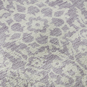 HomeRoots 8' Elegant Lavender & Ivory Damask Washable Round Rug with UV Protection for High-Traffic Areas 673142