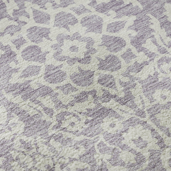 HomeRoots 8' Elegant Lavender & Ivory Damask Washable Round Rug with UV Protection for High-Traffic Areas 673142