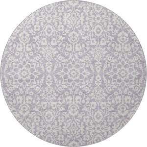 HomeRoots 8' Elegant Lavender & Ivory Damask Washable Round Rug with UV Protection for High-Traffic Areas 673142