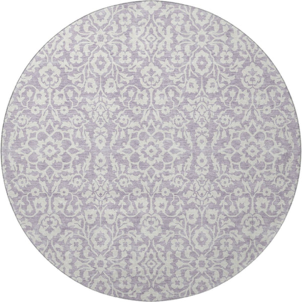 HomeRoots 8' Elegant Lavender & Ivory Damask Washable Round Rug with UV Protection for High-Traffic Areas 673142
