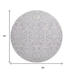 HomeRoots 8' Elegant Lavender & Ivory Damask Washable Round Rug with UV Protection for High-Traffic Areas 673142