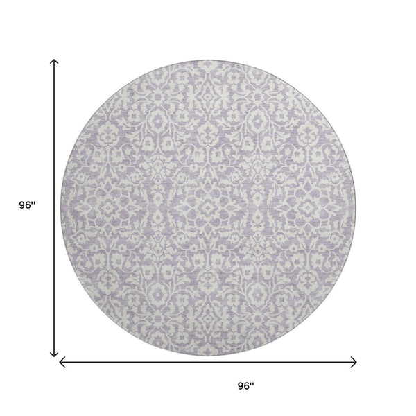 HomeRoots 8' Elegant Lavender & Ivory Damask Washable Round Rug with UV Protection for High-Traffic Areas 673142