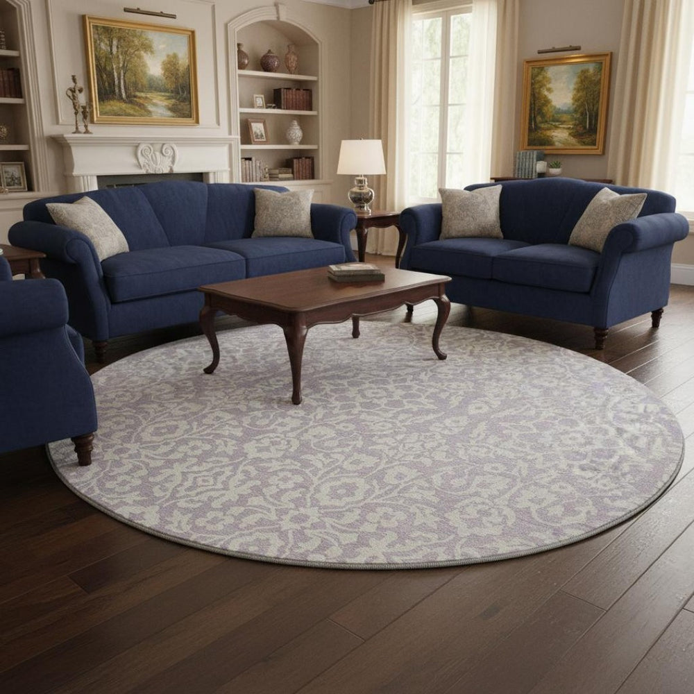 HomeRoots 8' Elegant Lavender & Ivory Damask Washable Round Rug with UV Protection for High-Traffic Areas 673142
