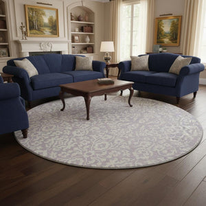 HomeRoots 8' Elegant Lavender & Ivory Damask Washable Round Rug with UV Protection for High-Traffic Areas 673142