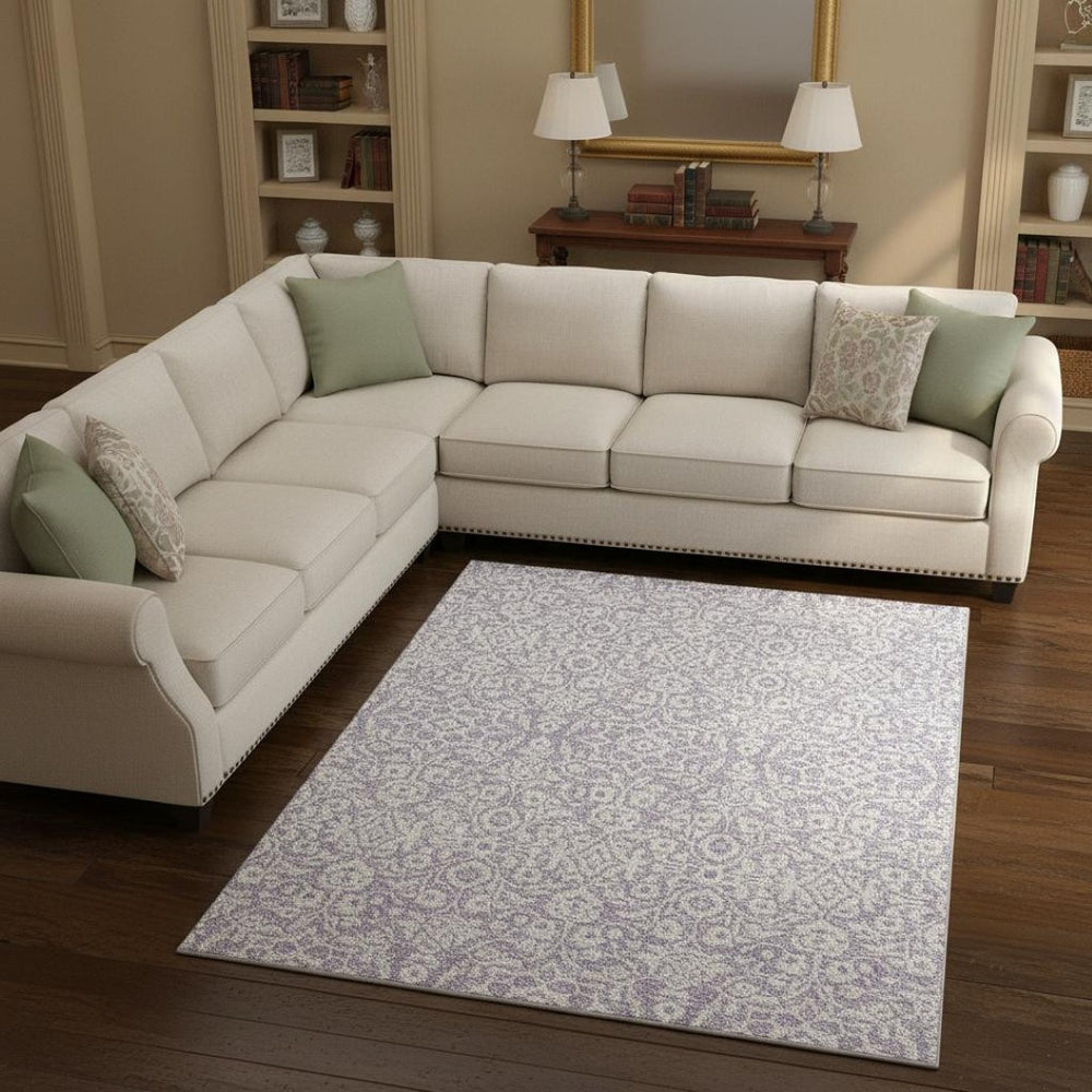 HomeRoots 8' X 10' Elegant Lavender Ivory Damask Area Rug - Washable, Stain Resistant, UV Protected Charm! 673143