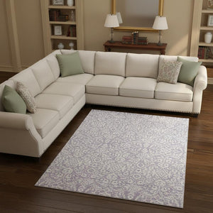 HomeRoots 8' X 10' Elegant Lavender Ivory Damask Area Rug - Washable, Stain Resistant, UV Protected Charm! 673143