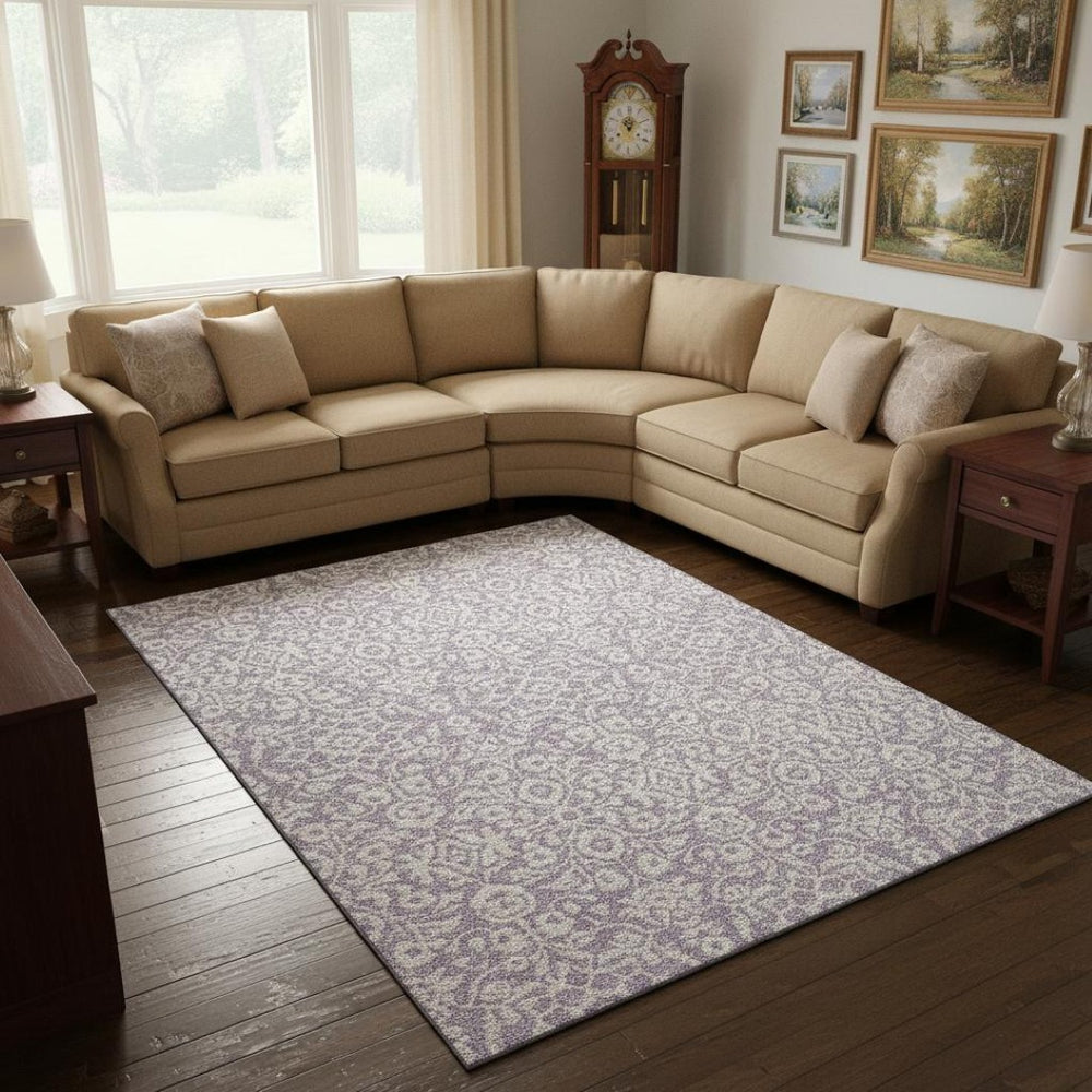 HomeRoots 9' X 12' Elegant Lavender and Ivory Damask Washable Area Rug with UV Protection for Every Home 673144