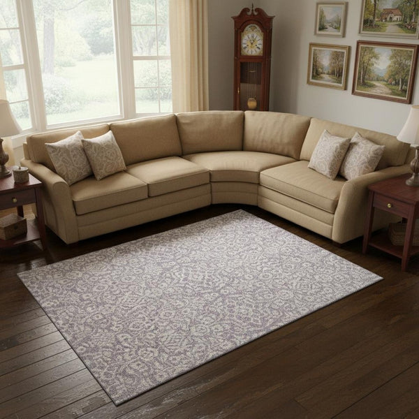 HomeRoots 10' X 14' Elegant Lavender & Ivory Damask Area Rug - Washable, Durable, UV Protected for Homes 673145