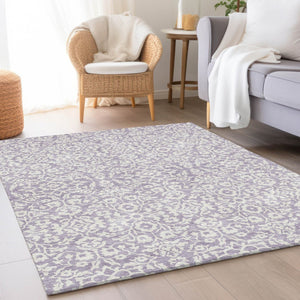 HomeRoots 10' X 14' Elegant Lavender & Ivory Damask Area Rug - Washable, Durable, UV Protected for Homes 673145