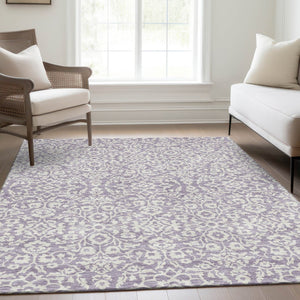 HomeRoots 10' X 14' Elegant Lavender & Ivory Damask Area Rug - Washable, Durable, UV Protected for Homes 673145
