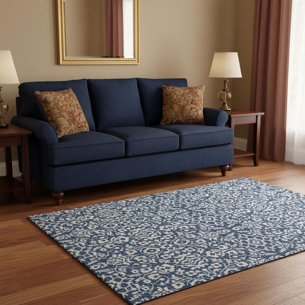 HomeRoots 5' X 8' Elegant Navy Blue & Ivory Damask Area Rug - Washable, UV Protected & Pet-Friendly Design! 673147