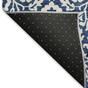 HomeRoots 5' X 8' Elegant Navy Blue & Ivory Damask Area Rug - Washable, UV Protected & Pet-Friendly Design! 673147