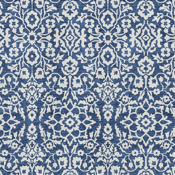 HomeRoots 5' X 8' Elegant Navy Blue & Ivory Damask Area Rug - Washable, UV Protected & Pet-Friendly Design! 673147