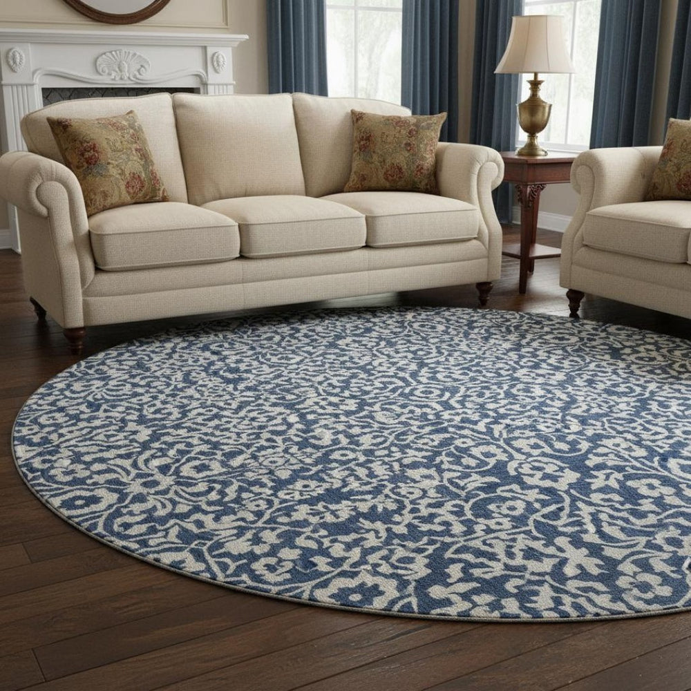 HomeRoots 8' Navy Blue and Ivory Damask Round Rug - Washable, UV-Protected, Elegant, Durable & Easy Care 673148