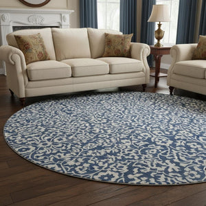 HomeRoots 8' Navy Blue and Ivory Damask Round Rug - Washable, UV-Protected, Elegant, Durable & Easy Care 673148