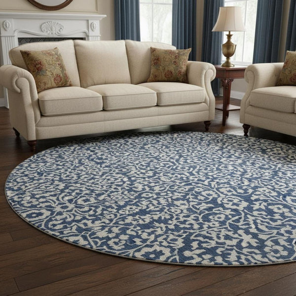 HomeRoots 8' Navy Blue and Ivory Damask Round Rug - Washable, UV-Protected, Elegant, Durable & Easy Care 673148