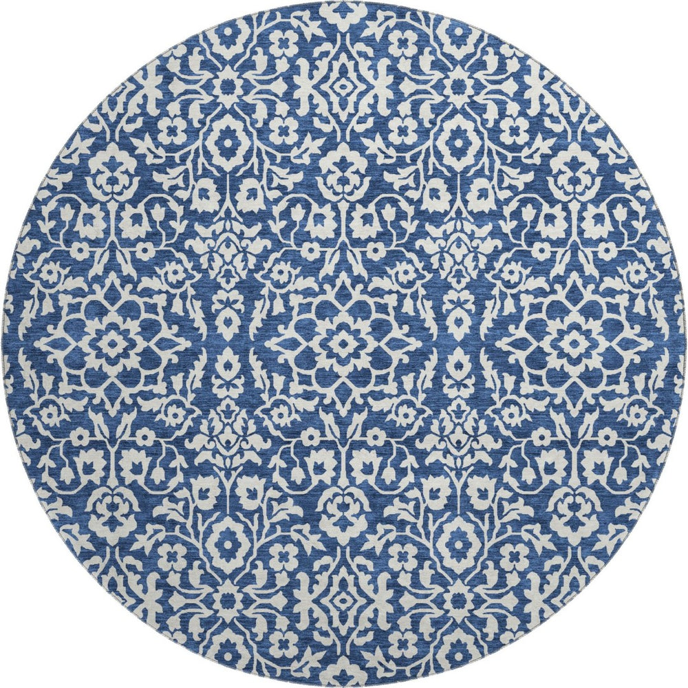 HomeRoots 8' Navy Blue and Ivory Damask Round Rug - Washable, UV-Protected, Elegant, Durable & Easy Care 673148