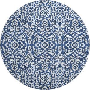HomeRoots 8' Navy Blue and Ivory Damask Round Rug - Washable, UV-Protected, Elegant, Durable & Easy Care 673148
